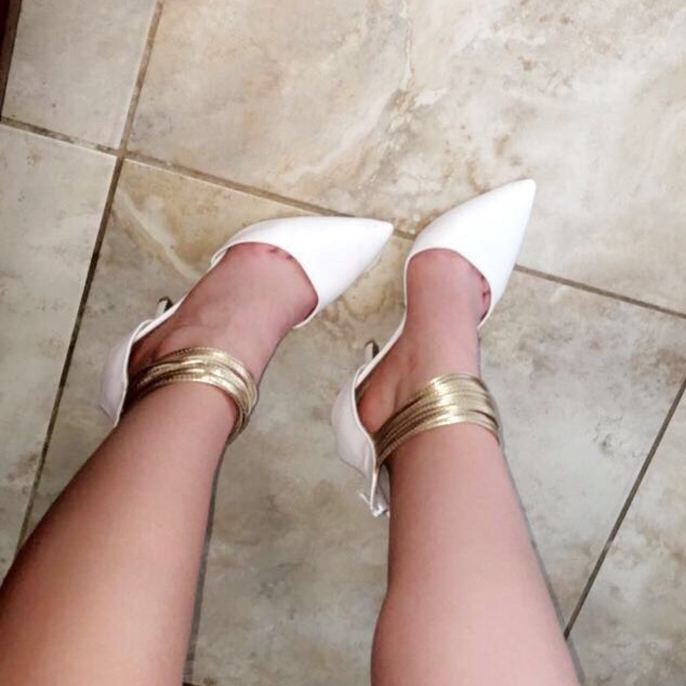 Size 7 1/2 white heels with gold angle cuff